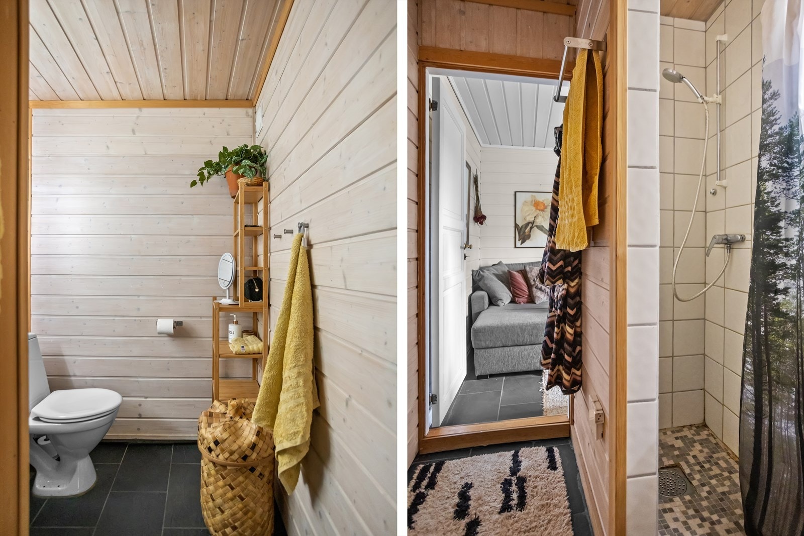 Baderommet i 1. etasje er et mindre rom som er oppusset i 2009. Dette inneholder blant annet sokkeltoalett, helstøpt servant med underskap og flislagt dusjnisje med forheng og mosaikk-/småfliser på gulvet i dusjsonen. Galleribilde