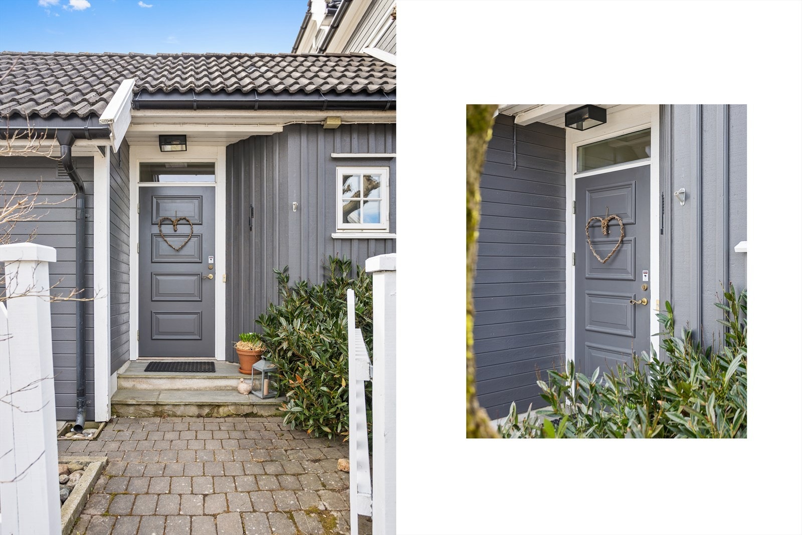 Inngangspartiet er steinlagt med belegningsstein og trappen til hovedinngangsdøreren er kledd med bruddskifer. Galleribilde