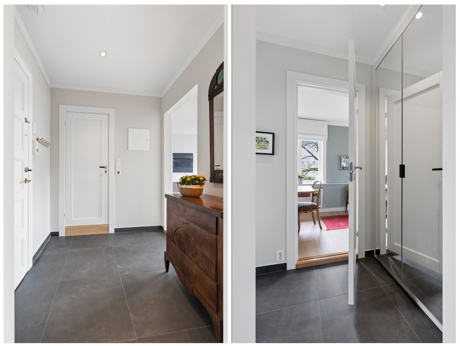 Hyggelig entré som gir et godt førsteinntrykk og fungerer som det naturlige knutepunktet i leiligheten. Entréen er innredet med et garderobeskap med speilfronter som gir en praktisk løsning for oppbevaring av yttertøy og sko, og bidrar til et ryddig og fu Galleribilde