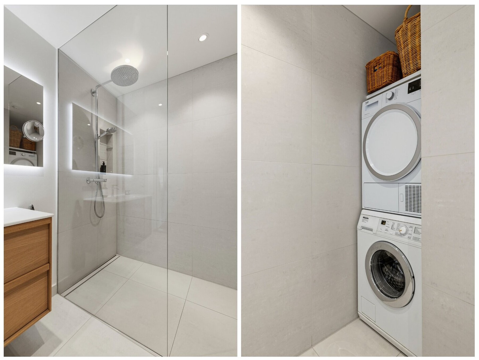 Badet har opplegg for både vaskemaskin og tørketrommel i nisje. Galleribilde