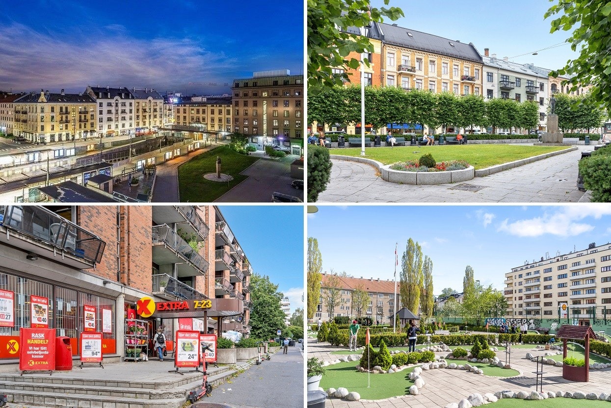Majorstuen T-bane, Coop Extra dagligvare, Valkyrien senter, Bogstadveien og flere parker i nærområdet. Galleribilde