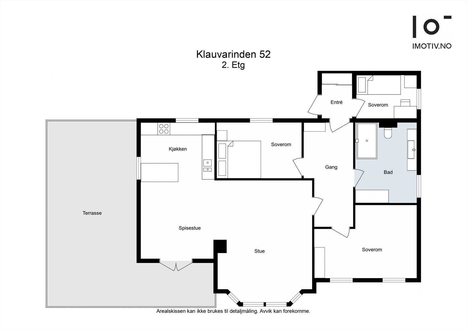 Plantegning første etasje. Entré/vindfang (4,8 kvm.), gang (9,1 kvm.), soverom 1 (13,7 kvm.), soverom 2 (9,2 kvm.), soverom 3 (7,2 kvm.), bad (9 kvm.) og stue / kjøkken (45,3 kvm.) Galleribilde