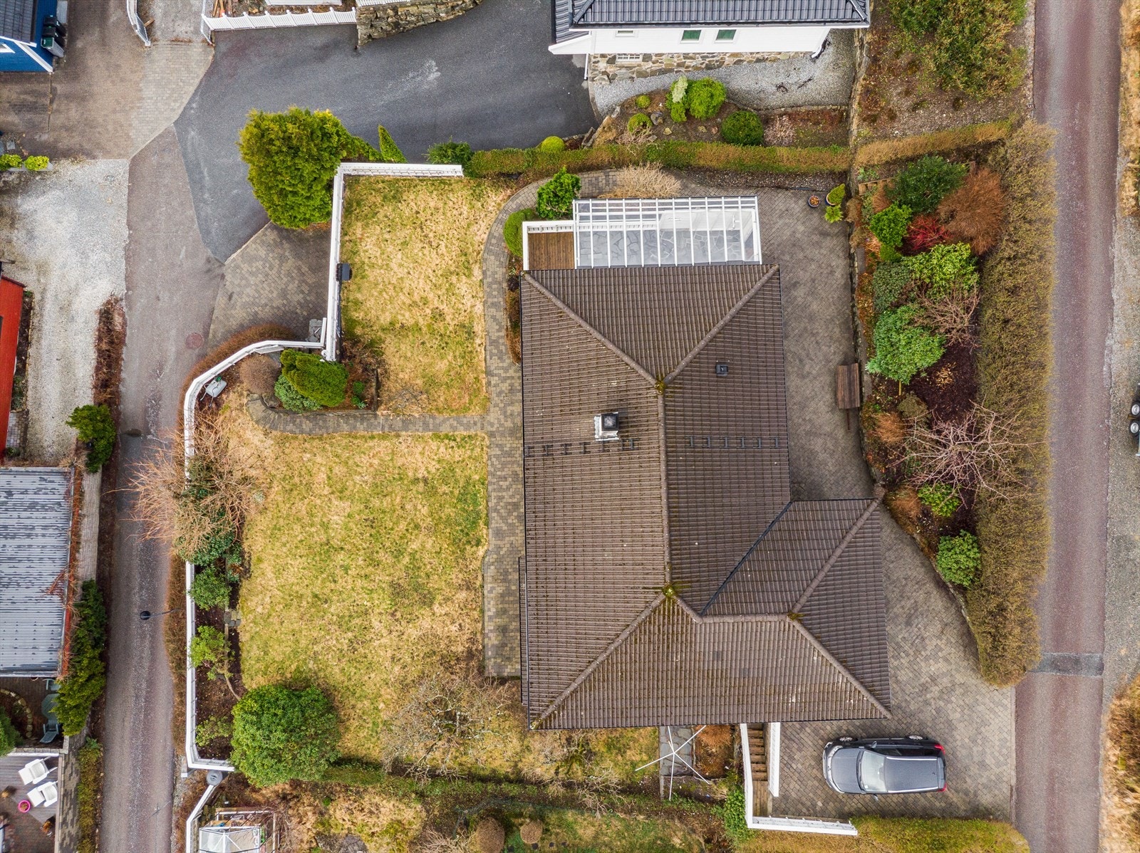 I hagen er det to epletrær, to plommetrær og et morelltre, som alle bærer rikelig med frukt om høsten Galleribilde