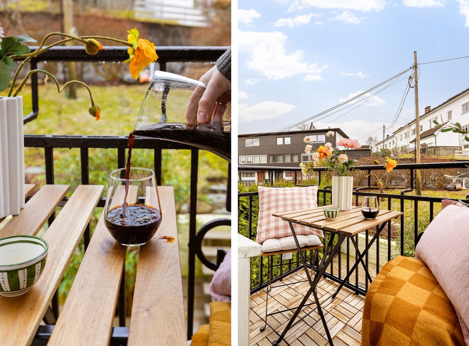 Balkong blir raskt en naturlig forlengelse av oppholdsrommet, og man kan se ned på grøntareal ved koselig hageflekk som er felles for sameiet. Galleribilde