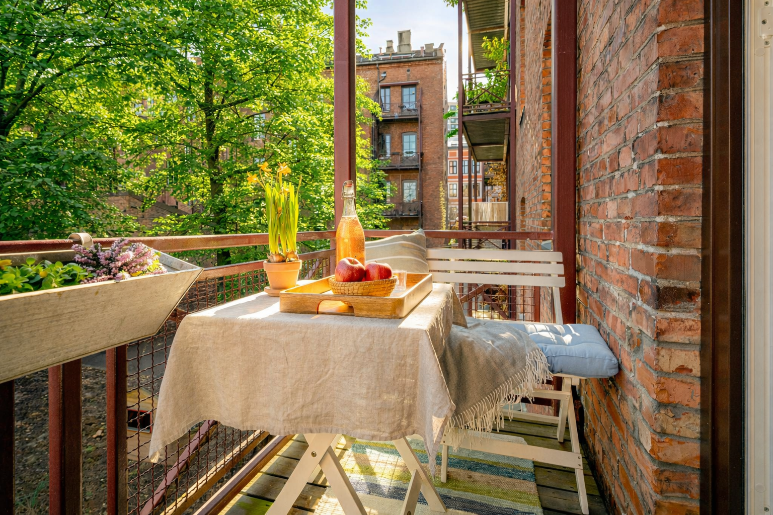 Vendt mot borettslagets parkmessige opparbeidede bakgård er dette et fantastisk hyggelig oppholdssted på varme sommerkvelder. (Her har KI-hjulpet oss å vise hvordan utsikten blir på sommerstid:-) Galleribilde