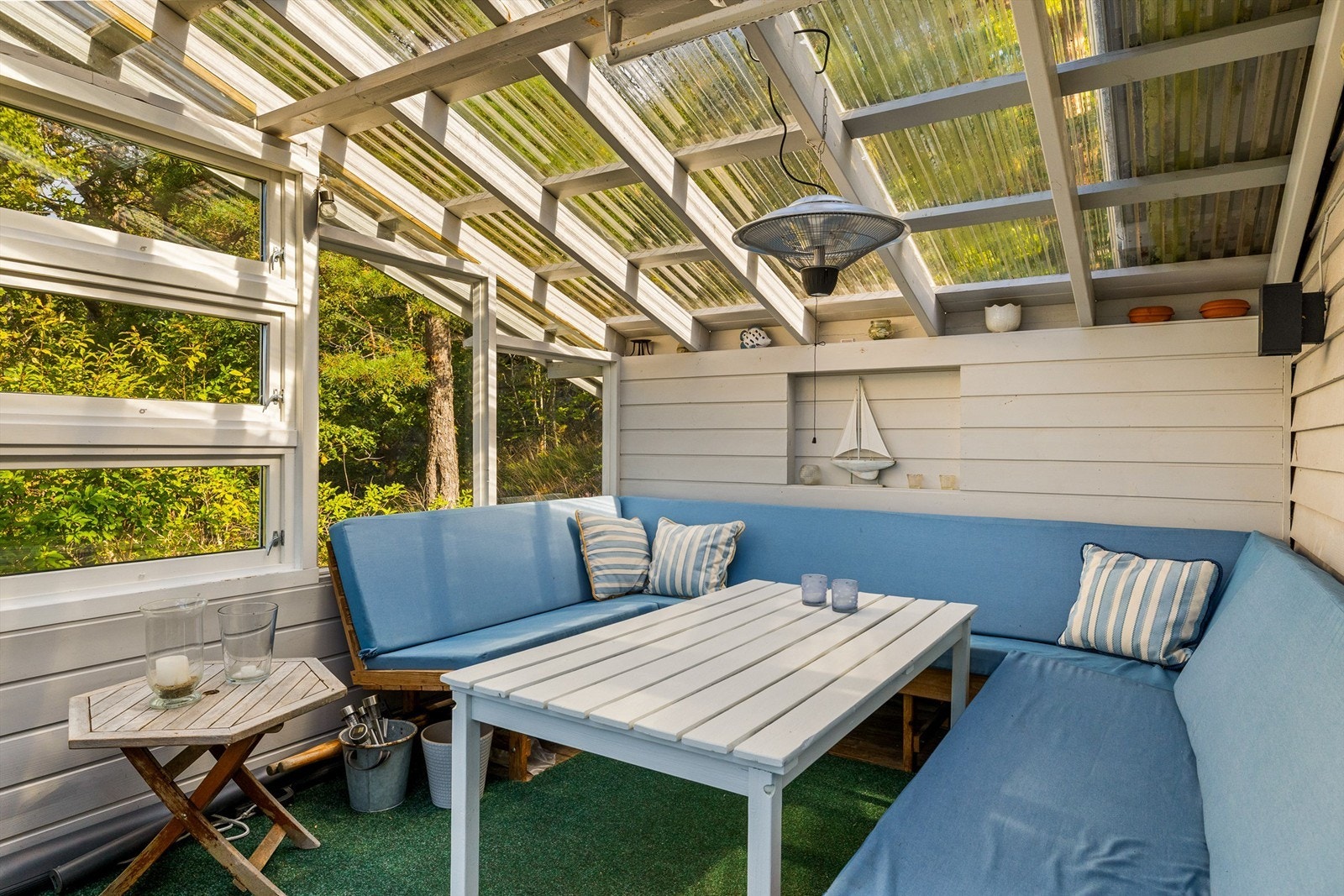 Denne delen av terrassen opererer ikke med værforbehold. Her kan man sitte uansett om det regner. Om det er kjølig er det også terrassevarme i taket. Galleribilde