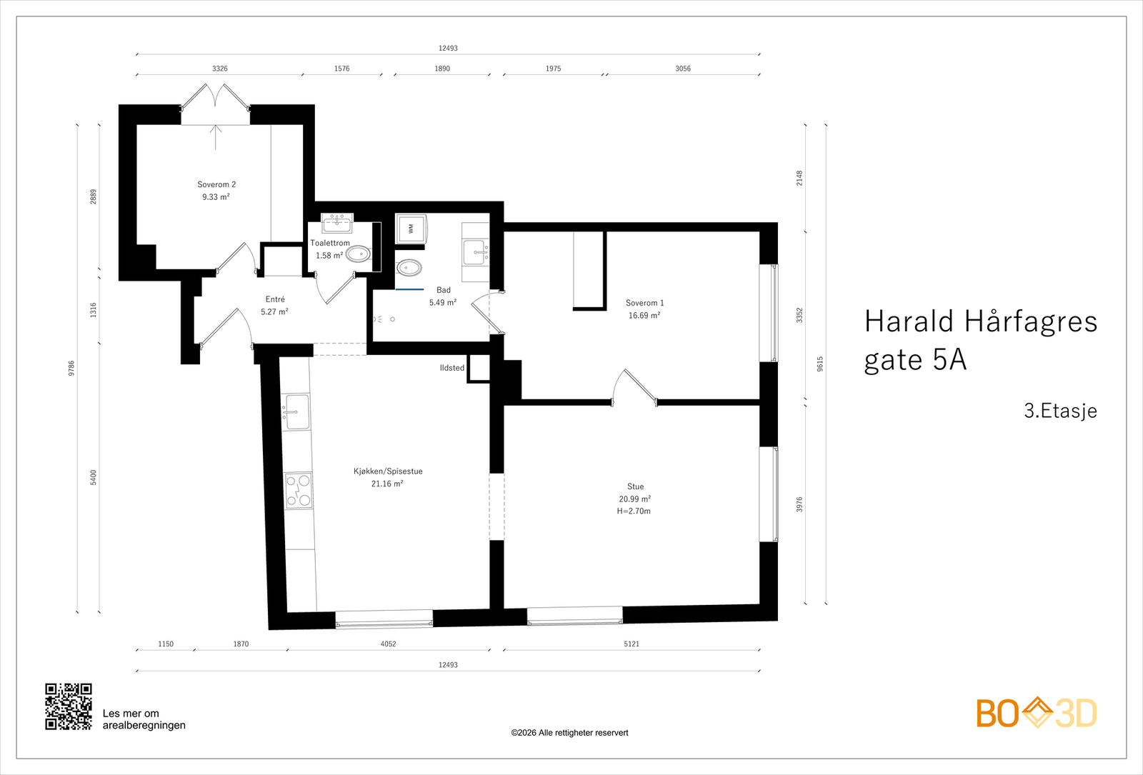 Praktisk planløsning som inneholder entré, toalettrom, 2 soverom, baderom, kjøkken/spisestue og stue. Galleribilde
