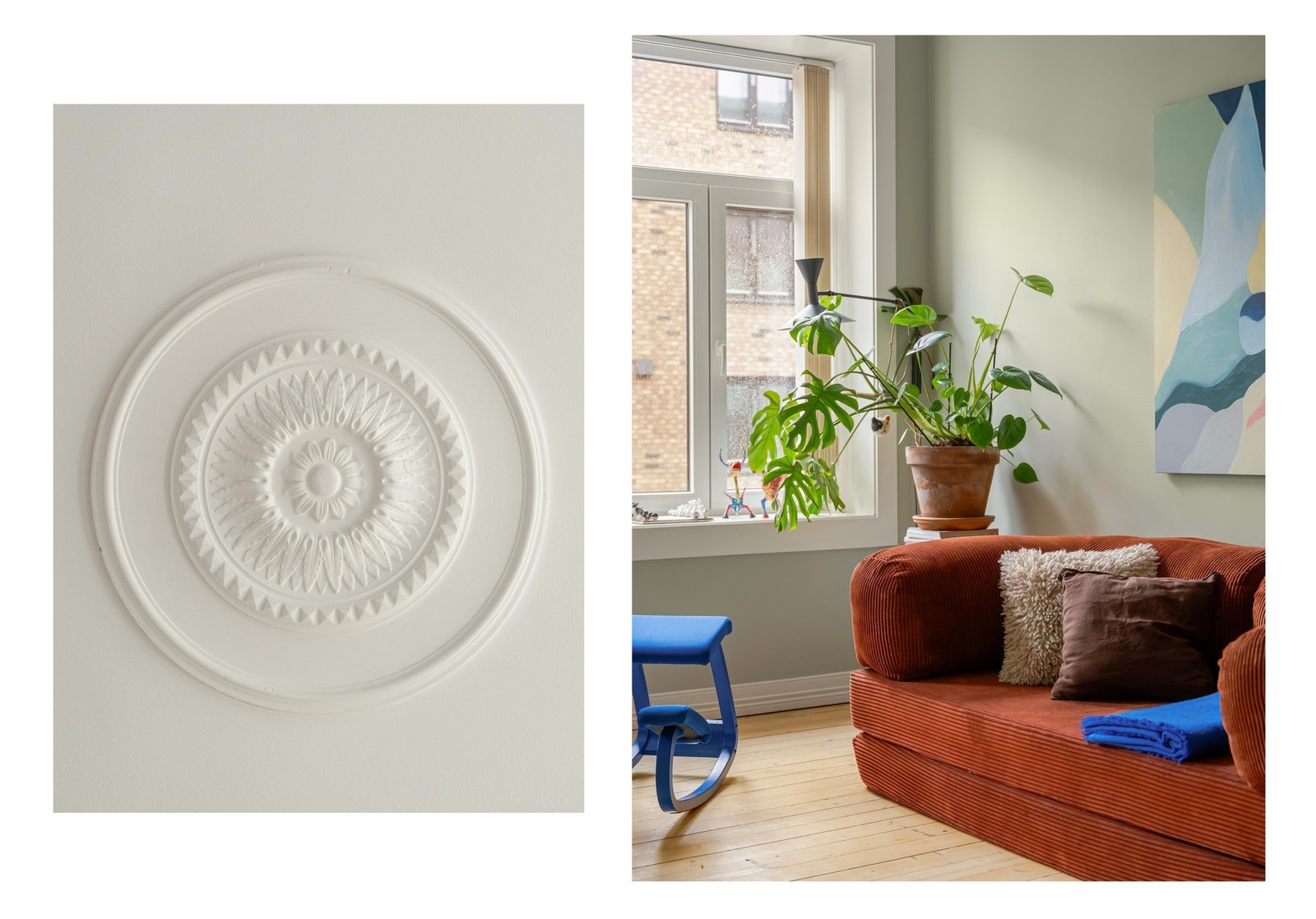 Gjennomgående for leiligheten er den gode takhøyden, originale tregulv og de pene, klassiske detaljene. Galleribilde