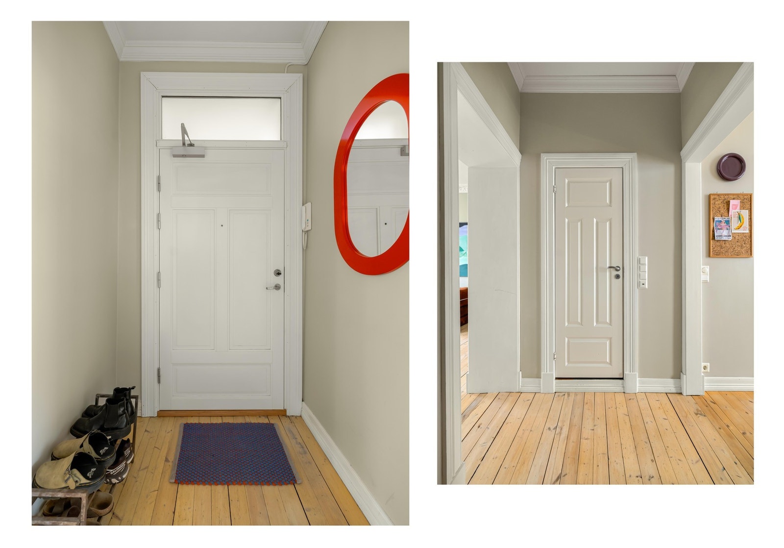 Entréen ligger som leilighetens naturlige midtpunkt og knytter sammen kjøkken og stue. Det gjennomgående lyset skaper en luftig og harmonisk atmosfære som ønsker deg velkommen hjem. Galleribilde