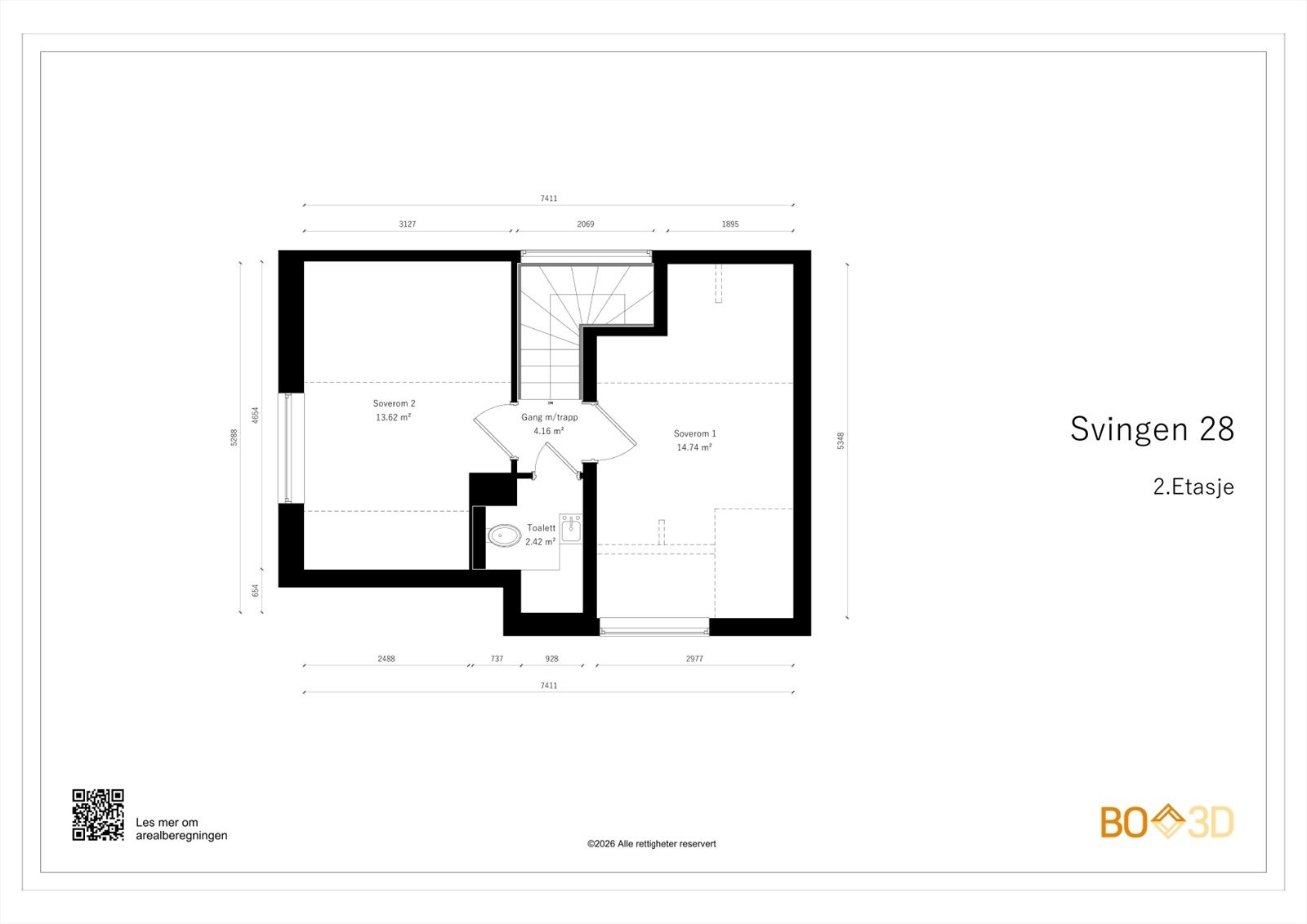 Andre etasje: 2 soverom og toalettrom. Det foreligger midlertidig tillatelse til å sette inn vindu på fasaden mot hage og takvindu. Da kan soverom 1 enkelt deles i to. Galleribilde