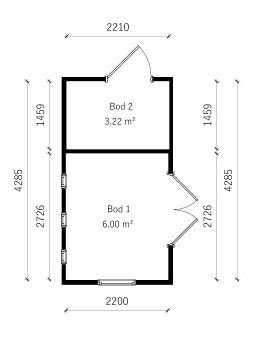 Uthuset er idag innredet som kontor (bod 1) og bod (2). Galleribilde