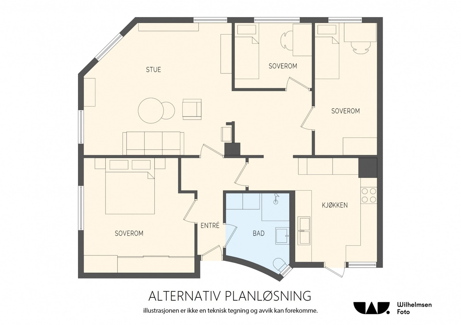 Alternativ planløsning med et ekstra rom. Galleribilde