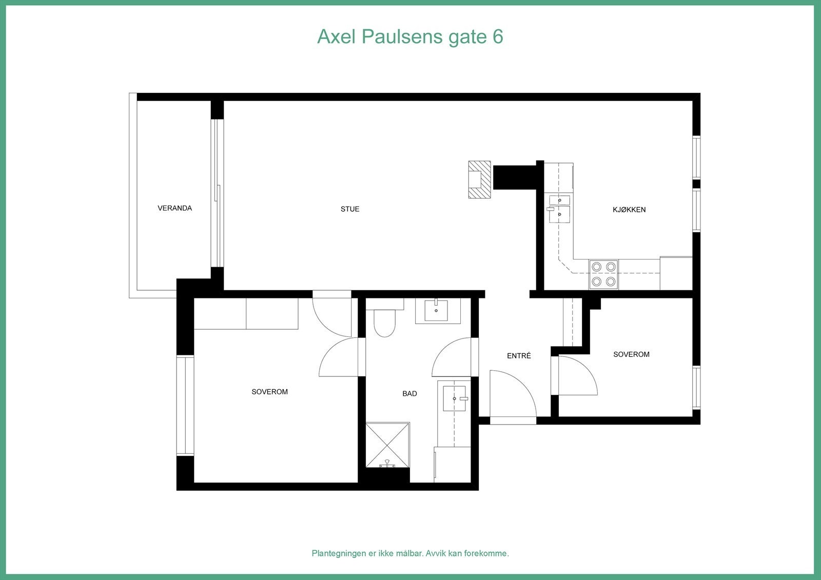 Plantegning - Rom definert som soverom ved entrè er opprinnelig 2 boder slått sammen til et rom (ikke omsøkt) Galleribilde