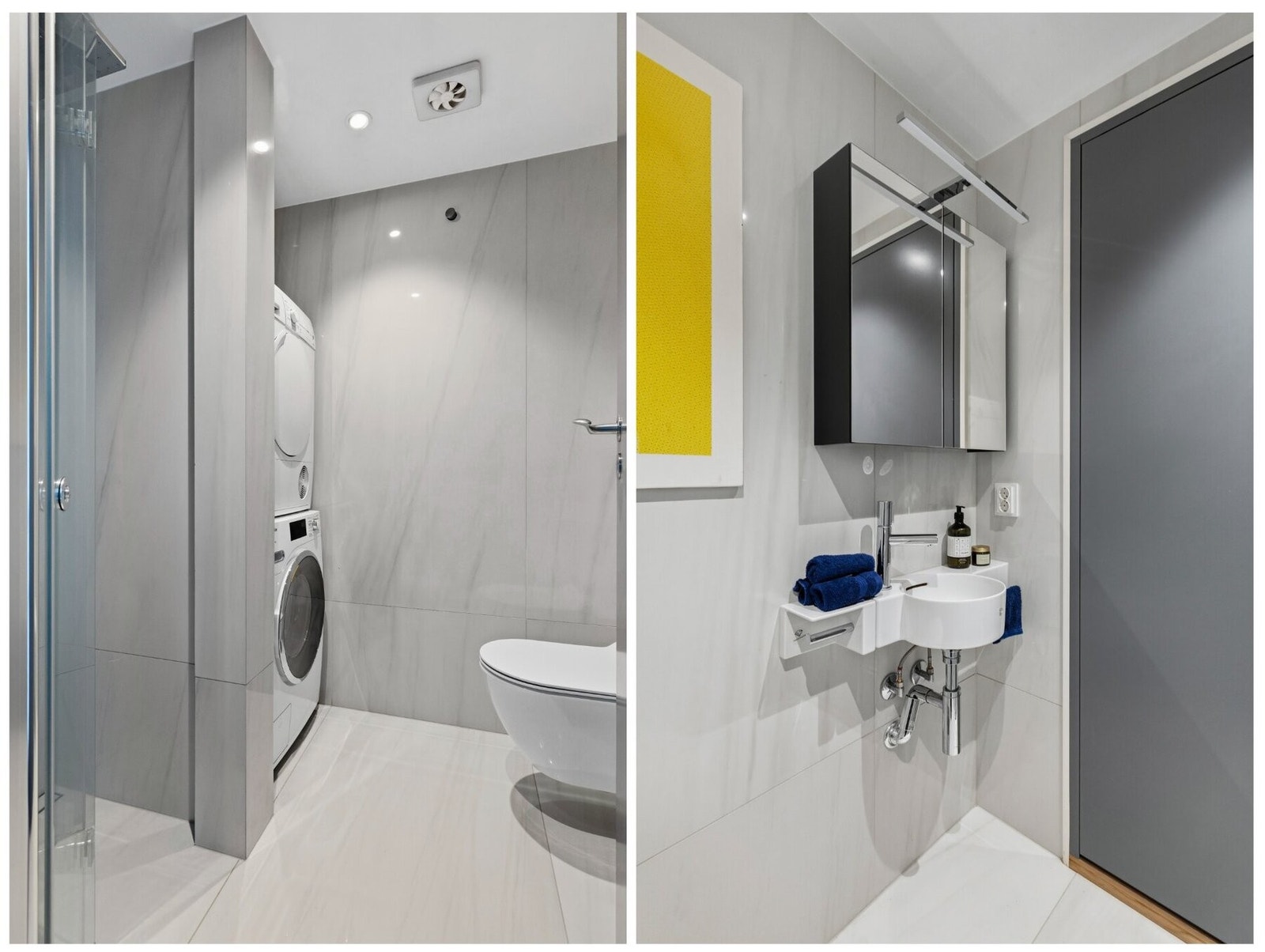 Materialvalgene og detaljnivået er videreført fra hovedbadet, slik at boligen får en helhetlig og konsekvent standard. Galleribilde