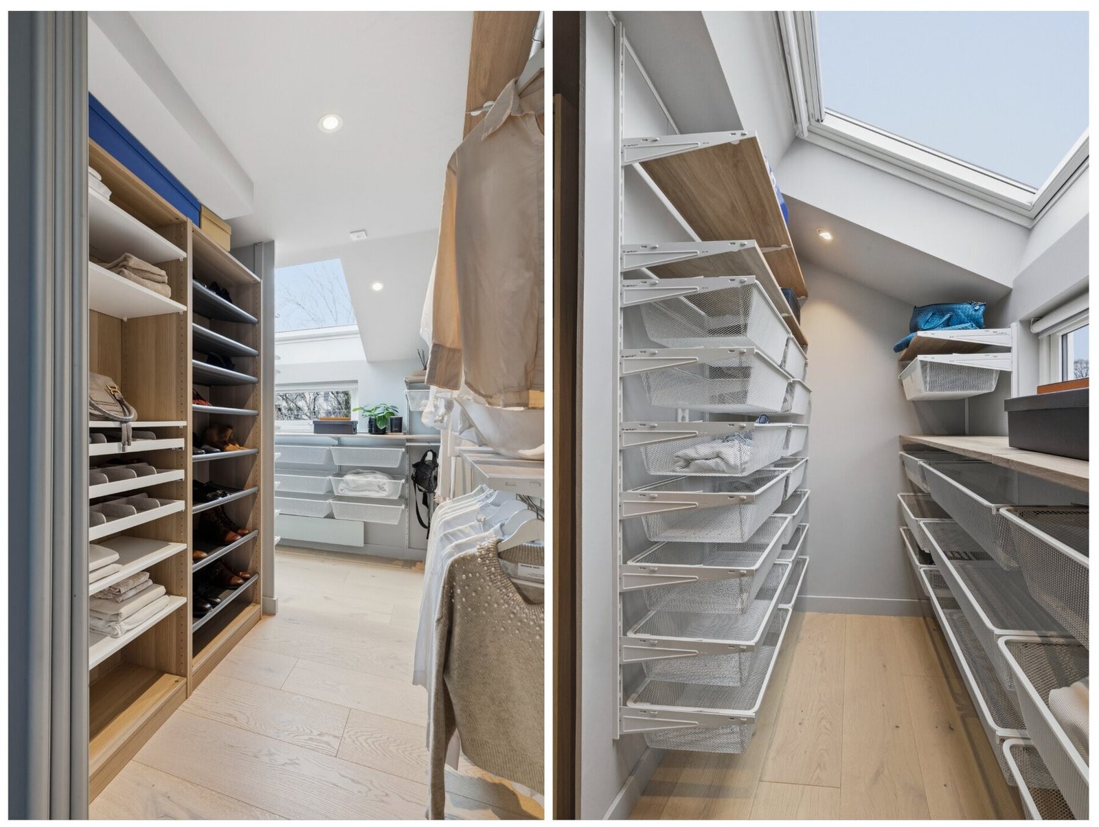 Rom som benyttes som walk-in-garderobe organisert for maksimal oversikt og tilgjengelighet. Galleribilde