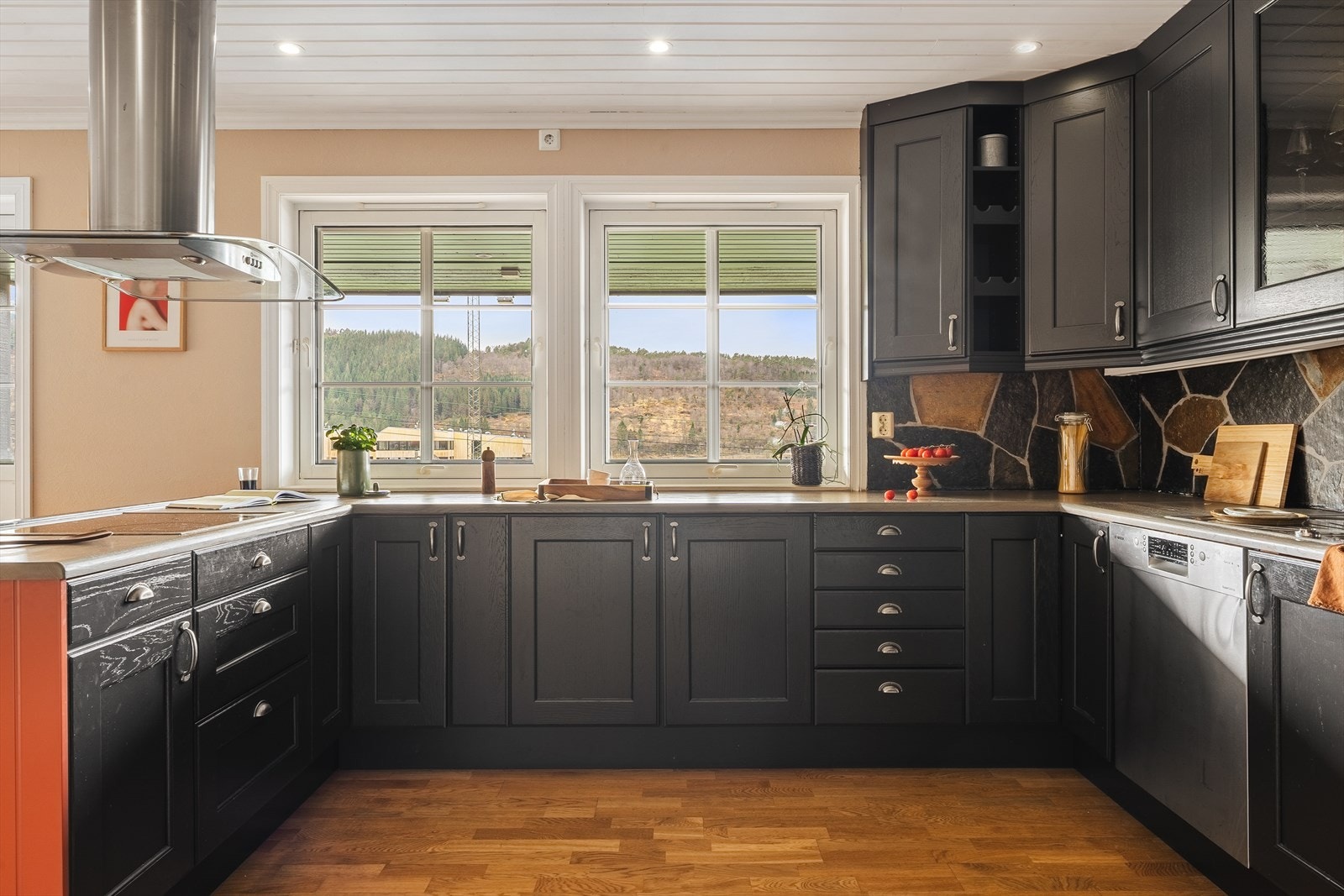 Flott kjøkken med god benkeplass og fint utsyn Galleribilde