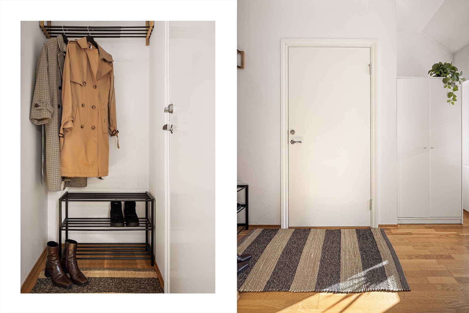 Entreen er i åpen løsning som gir maksimal utnyttelse av arealet, uten å gå på bekostning av utmerket oppbevaringsplass til yttertøy og sko. Både ved oppheng, samt et innhuk som er perfekt for et ekstra garderobeskap. Galleribilde