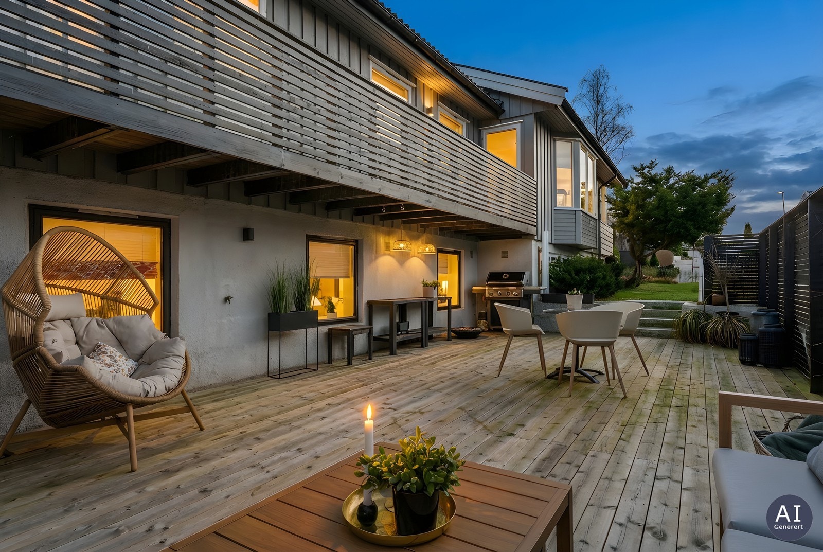 Utebelysning skaper en hyggelig atmosfære på terrassen også etter mørkets frembrudd. Galleribilde