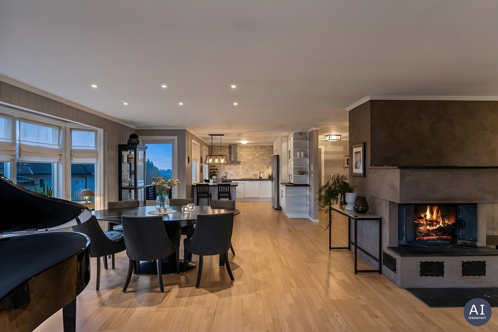 På kveldstid skaper belysningen og peisen en lun og innbydende atmosfære. Galleribilde