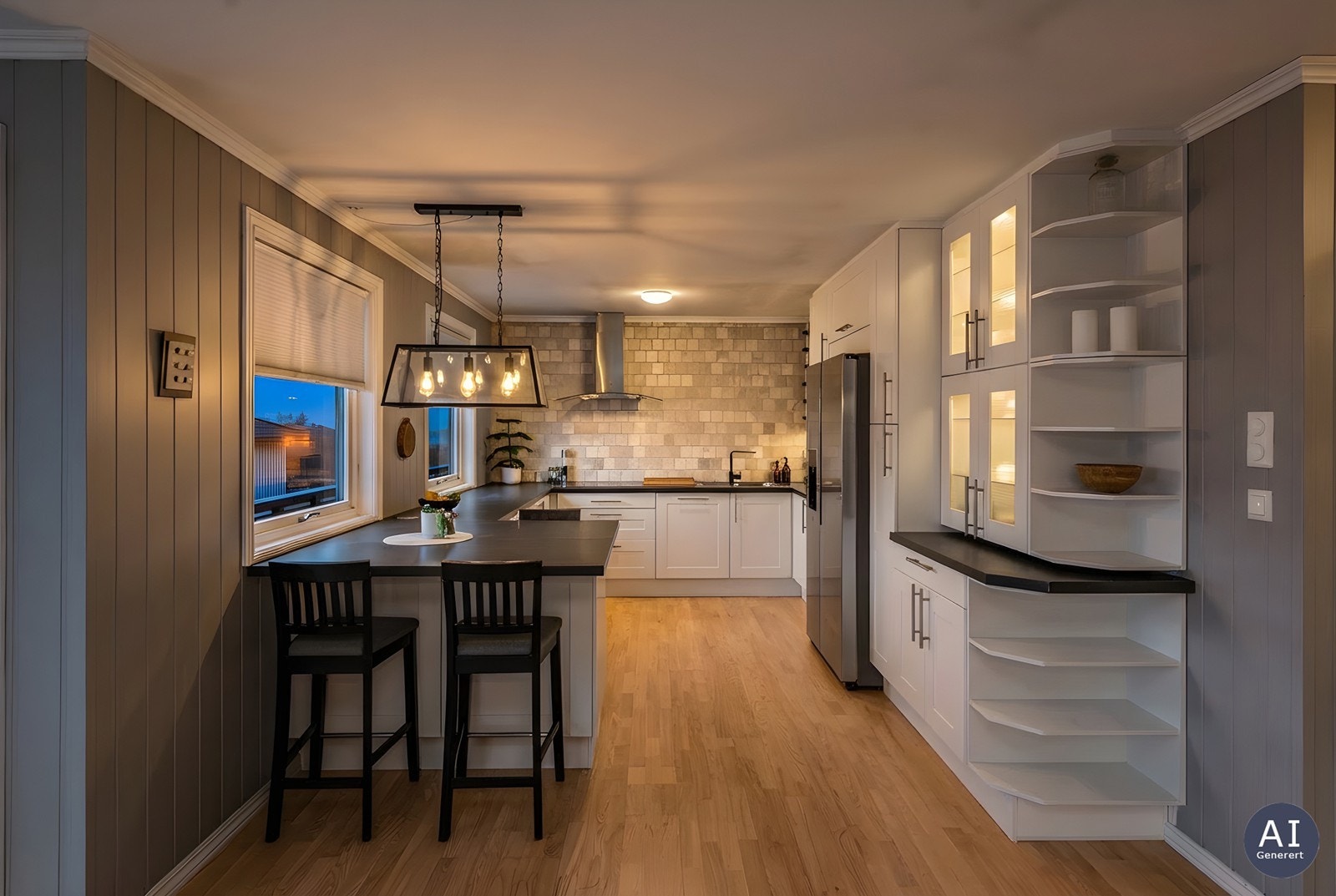 Kveldsbelysning med stemningsfull lampe over kjøkkenøya. Galleribilde