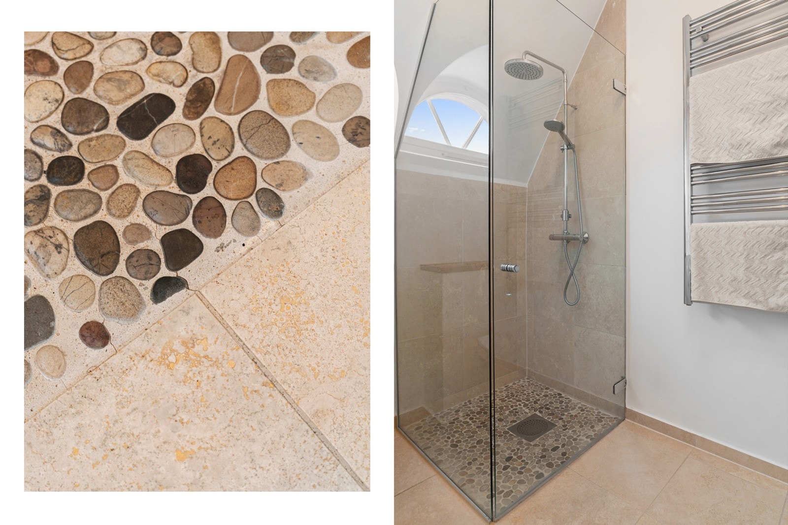 Praktisk dusjhjørne med glassvegg, buede vindu, svingdør, sluk i sone, regnfallsdusj og termostatstyrt blandebatteri. Galleribilde