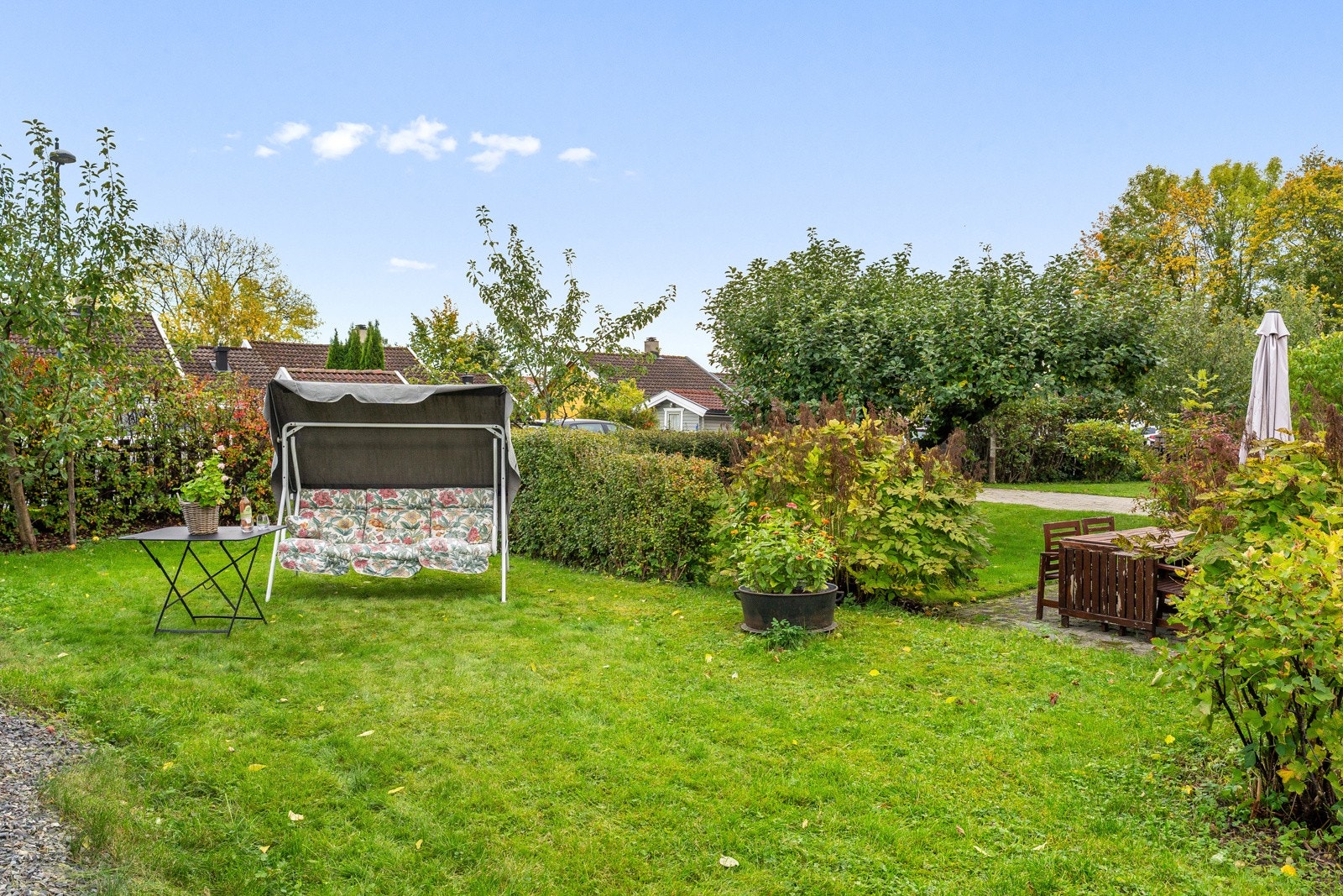 Hagen har både rips-, bringebærbusker, plomme og epletrær. Galleribilde