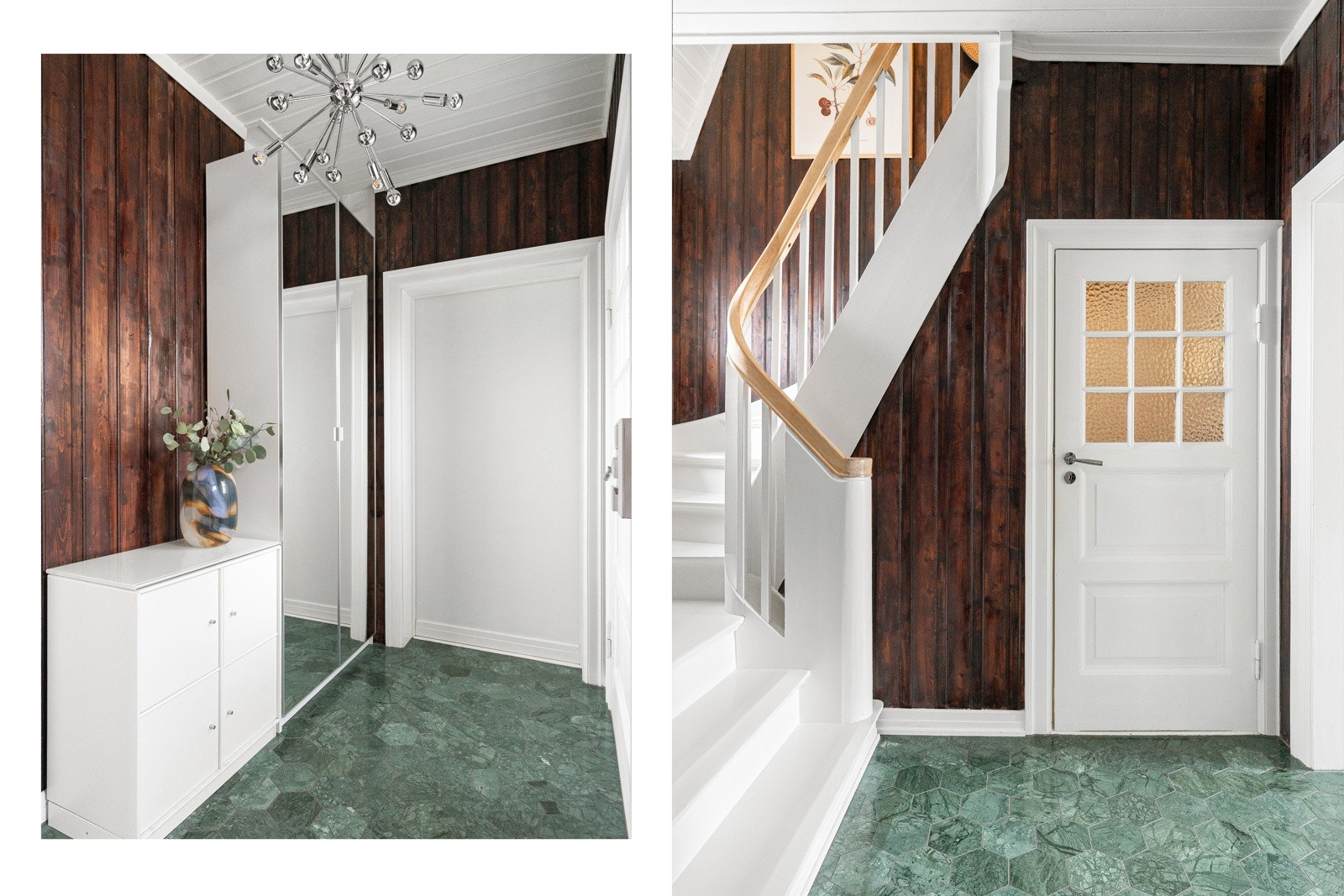 Hallen har original trapp og farge på panel med nye marmorfliser med gulvvarme. Galleribilde