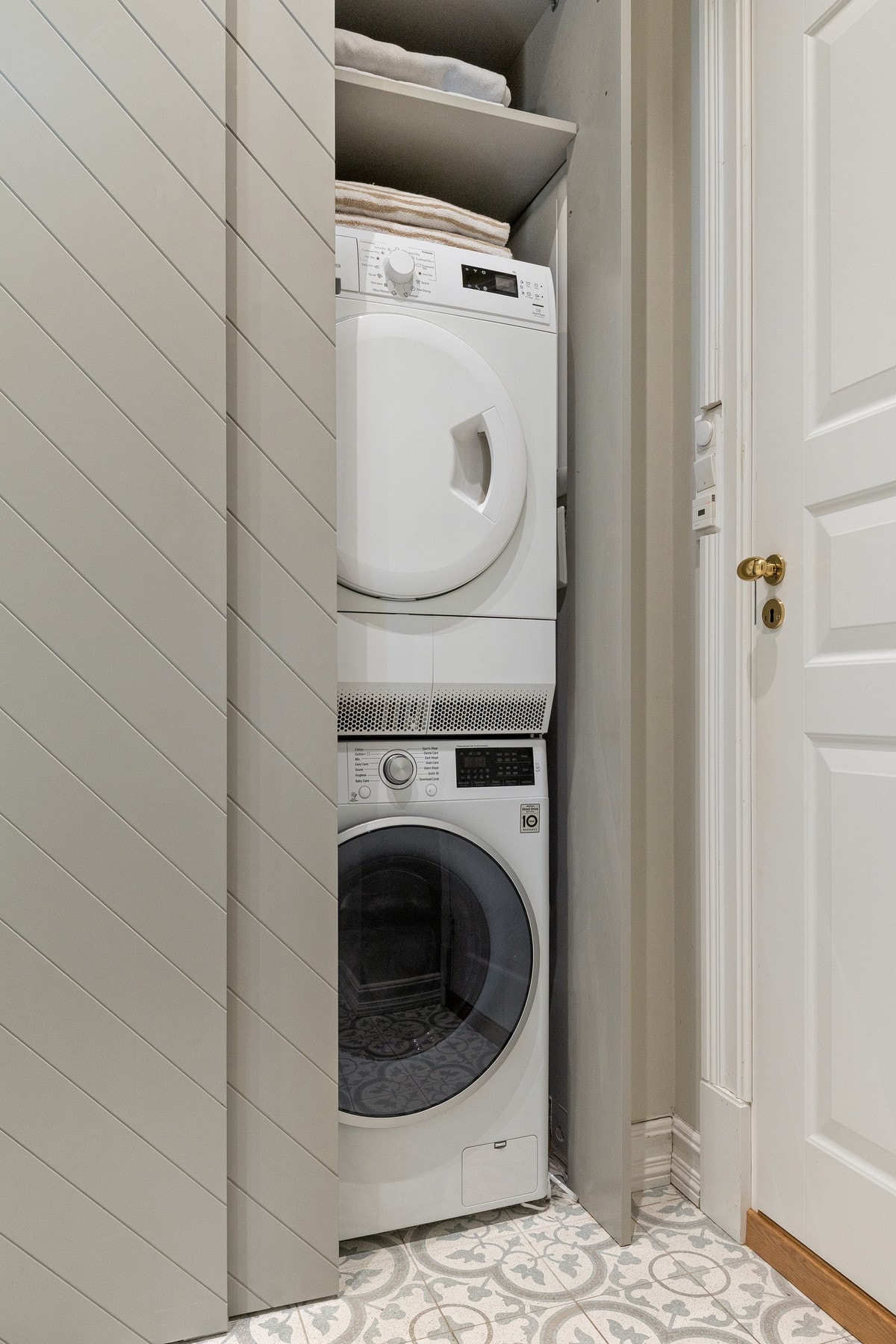 Snekkerbygget garderobeskap med opplegg for vaskemaskin og tørketrommel. Waterguard installert. Galleribilde