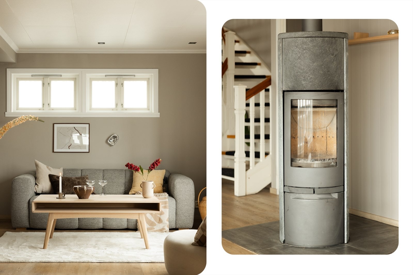 Peisen i stuen sørger for god varme vinterstid og en koselig atmosfære til rommet. Galleribilde