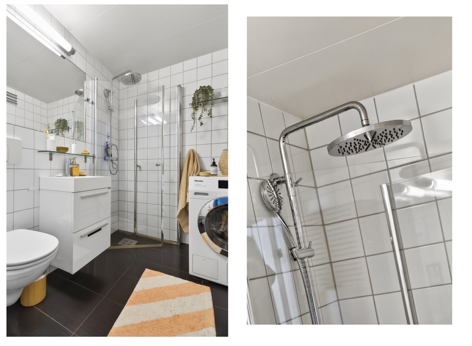 Badet har vegghengt servantinnredning med skuffer, speil, dusjhjørne tilkoblet både hånddusj og regndusj, vegghengt toalett og opplegg for vaskemaskin. Galleribilde