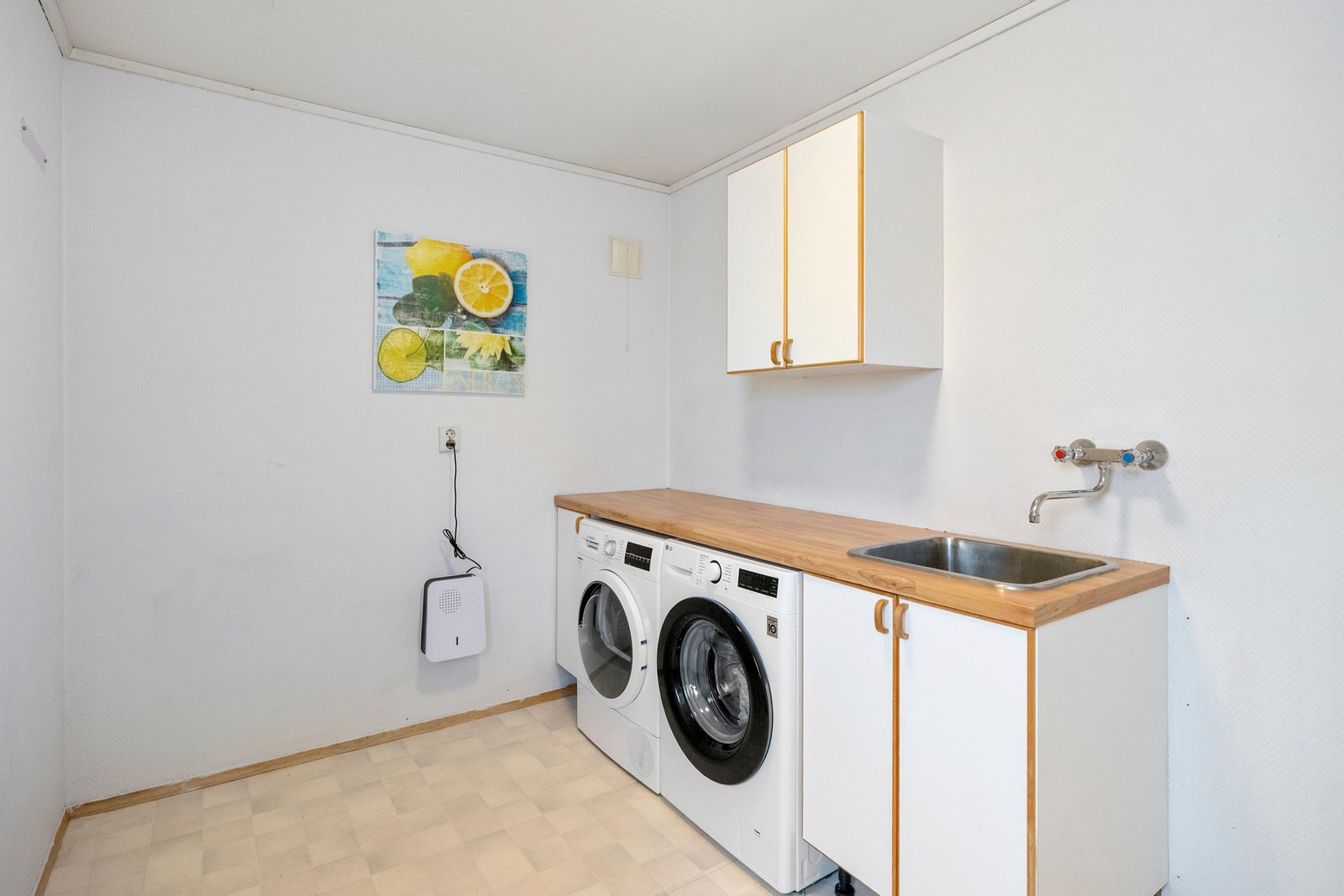 Her er det god plass til klesvask og håndtering av hverdagslige gjøremål, med benkeplate, utslagsvask og opplegg for vaskemaskin. Galleribilde