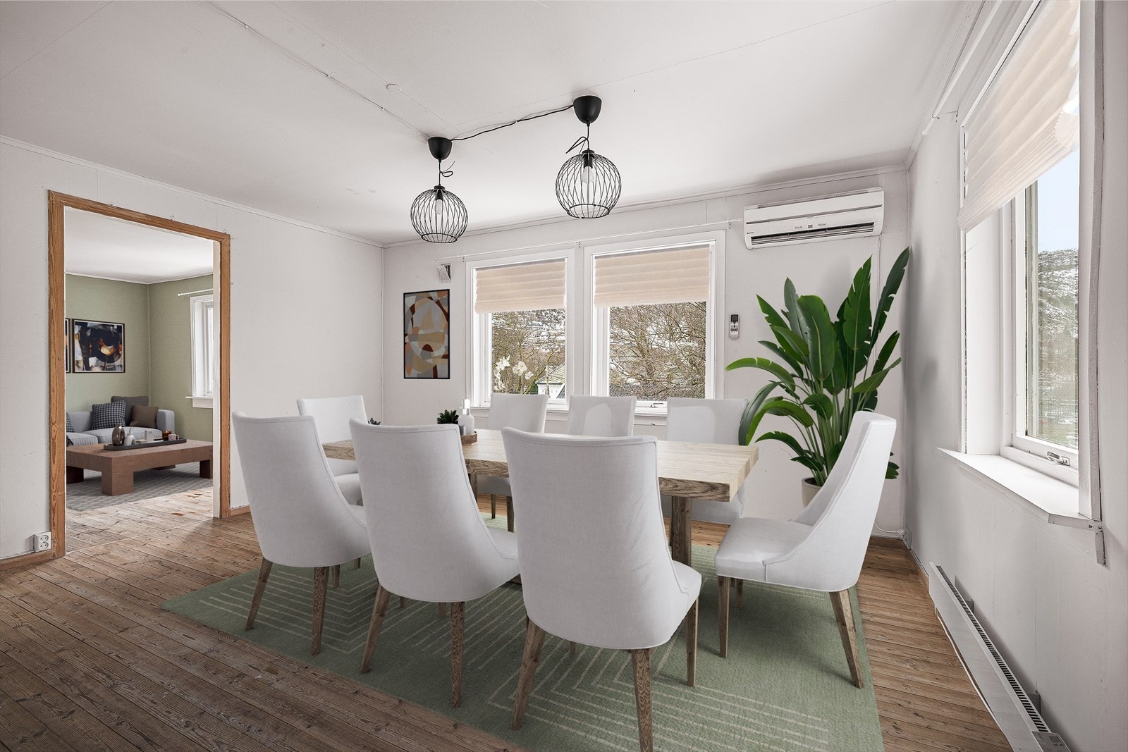 Spisestuen er romslig med god plass til ønsket møblement. Bildet er møblert med KI. Galleribilde