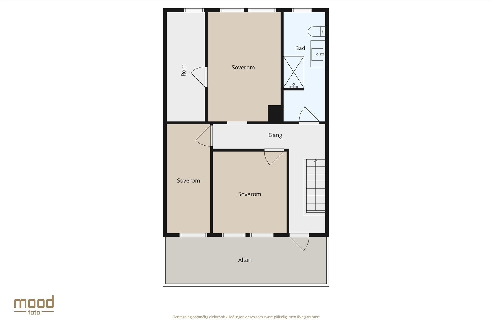 2.etg måler 45 kvm BRA-i og inneholder: Gang (9,9 m²), bad (7,6 m²), soveværelse 1 (12,8 m²), soveværelse 2 (10,4 m²), soveværelse 3 (8,1 m²) og bod/walk in garderobe(8,9 m²). Altanen er 15 kvm. Galleribilde
