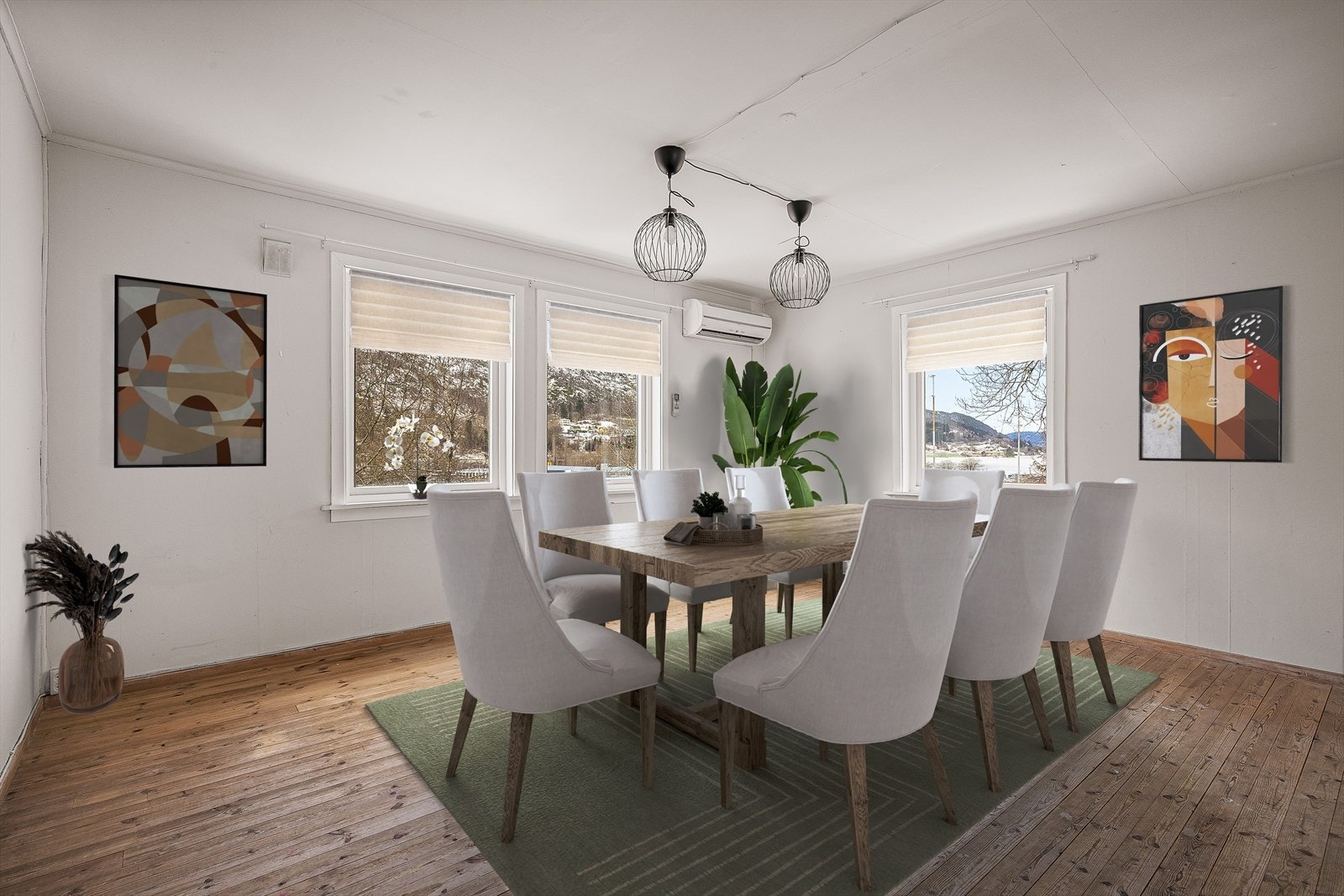 De gode vindusflatene tar naturen rundt med inn i boligen, og man har utsikt mot Arnavågen. Bildet er møblert med KI. Galleribilde