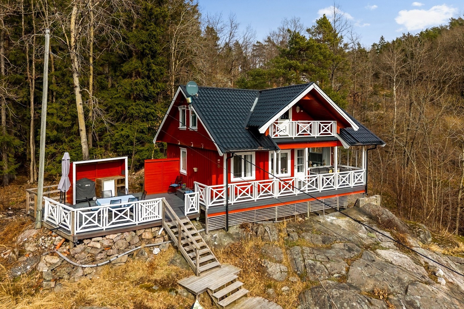 Tilbaketrukket sommersted. Den rødmalte hytta ligger på en kolle helt for seg selv med anneks nedenfor. Galleribilde