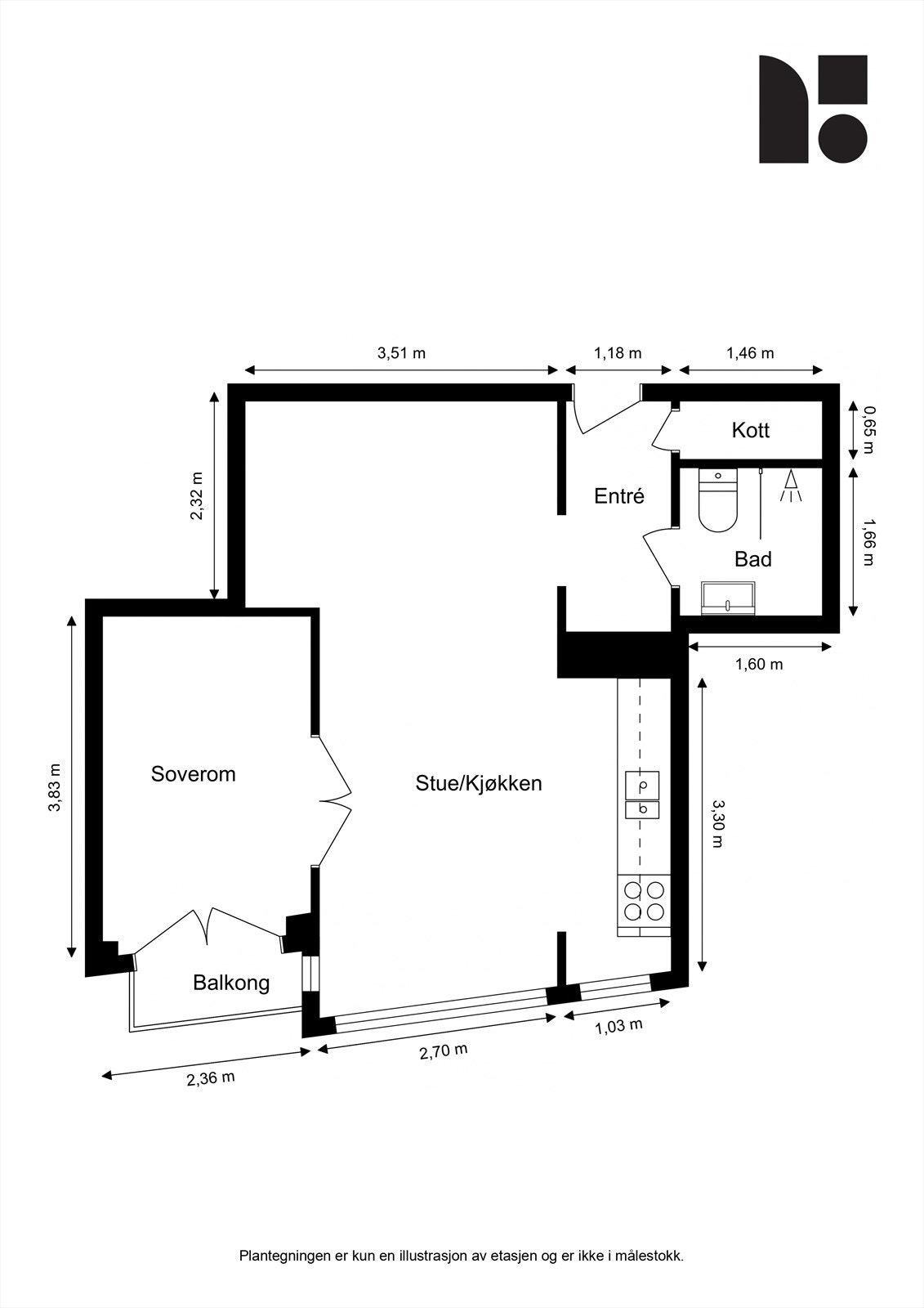 Plantegning. Leiligheten disponerer internt kott samt en kjellerbod på 2 m². Galleribilde