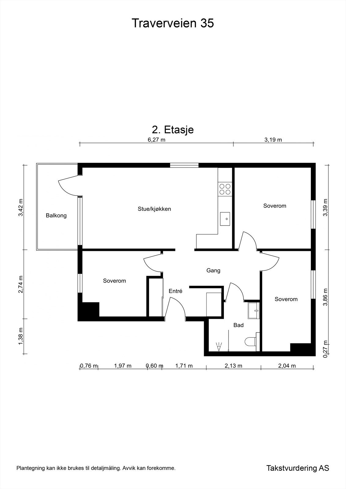 Leiligheten på 67 m² har en effektiv planløsning med tre soverom, bad og en åpen stue- og kjøkkenløsning. Galleribilde