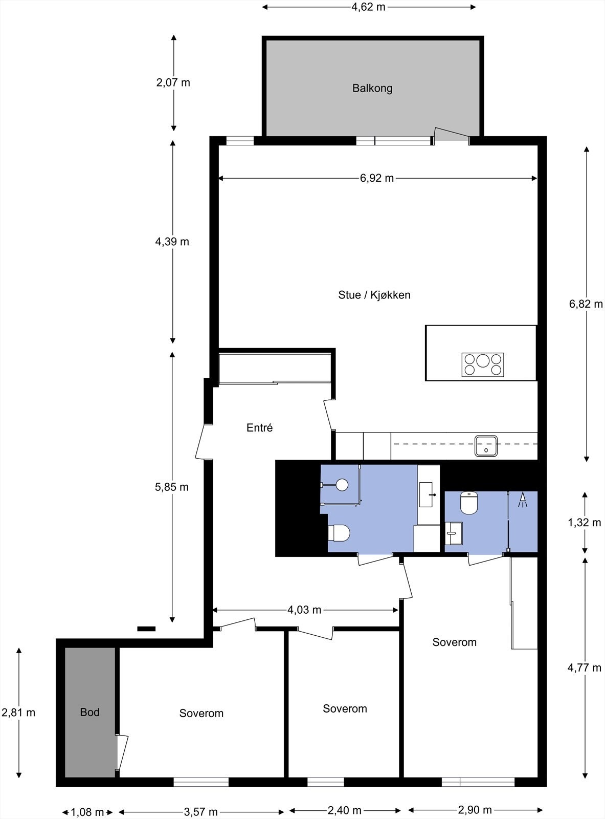 Leiligheten ligger i 2. etasje og inneholder entré, stue/kjøkken, 3 soverom, 2 bad og bod. I tillegg disponerer leiligheten en kjellerbod på 5 kvm. Galleribilde
