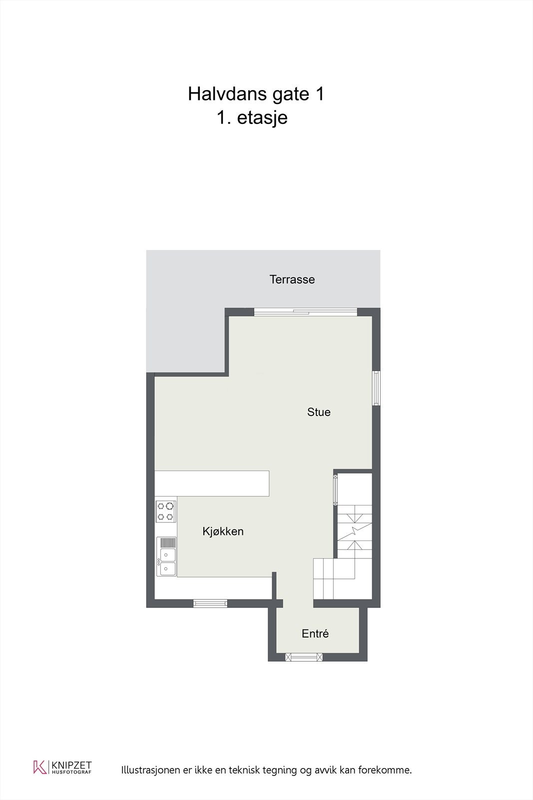 Plantegning 1. etasje med entré, kjøkken og påbygd stue. Galleribilde