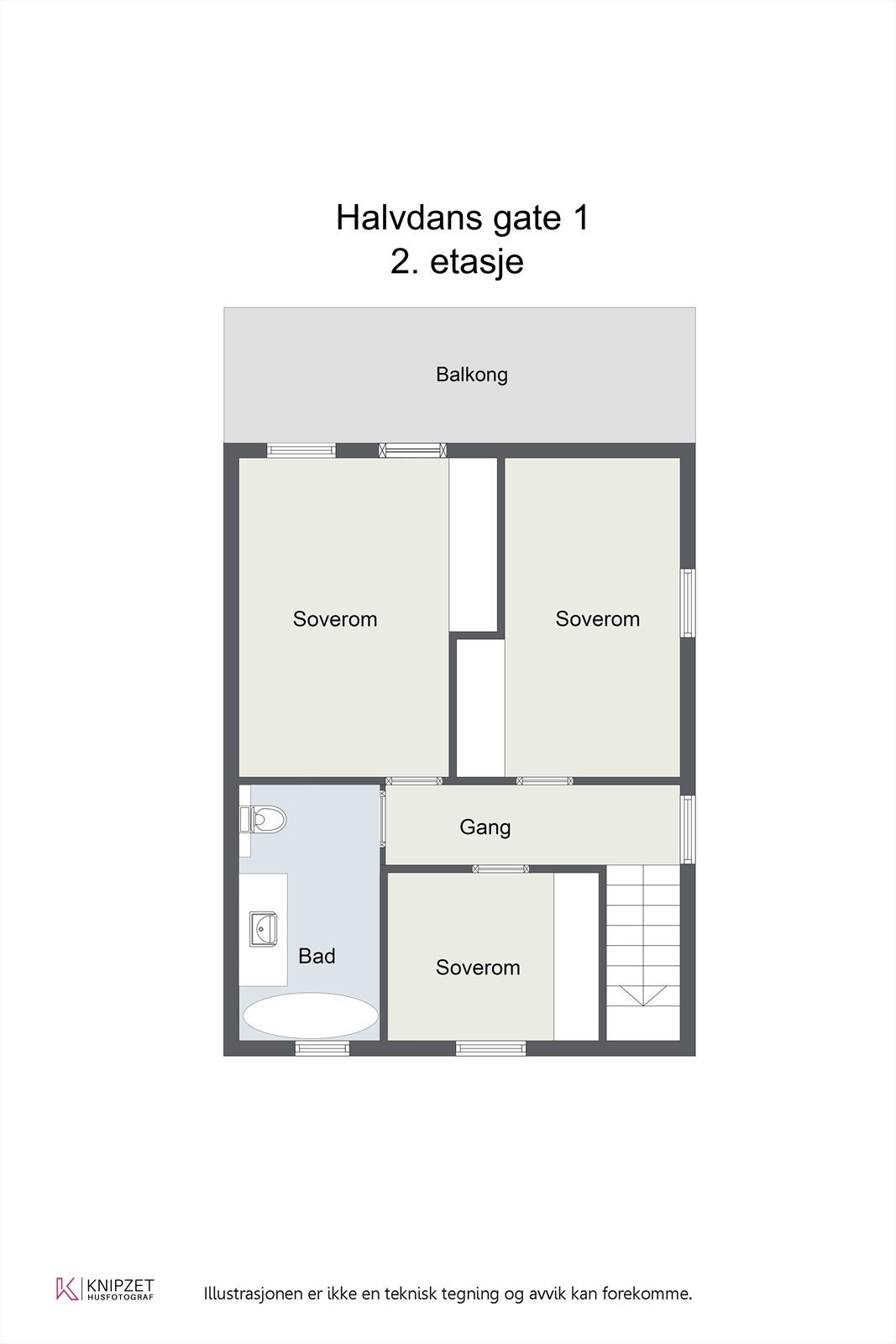 Plantegning 2. etasje med bad, gang og tre soverom - ett med balkong. Galleribilde