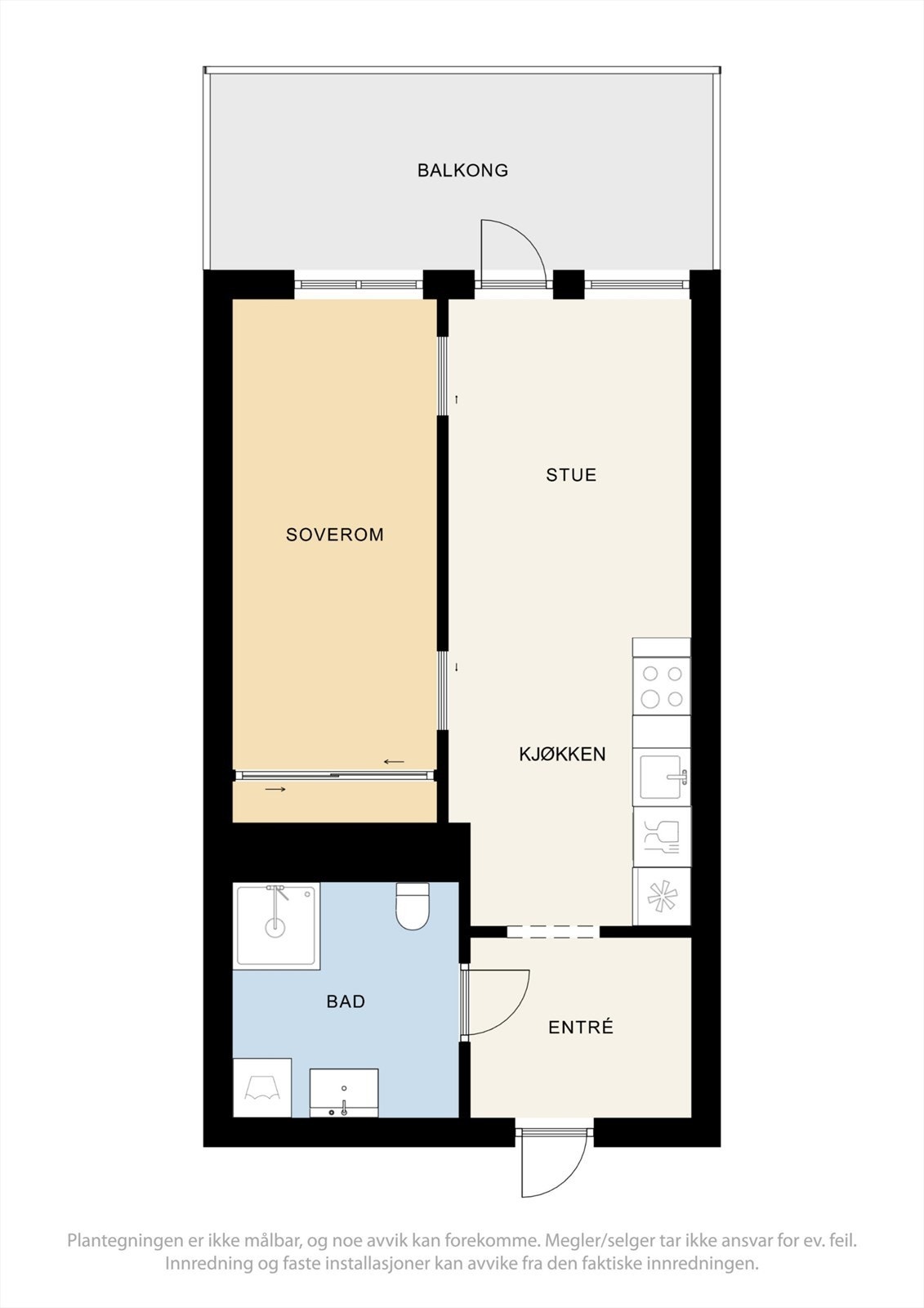 Leiligheten på 40 m² har en arealeffektiv planløsning med åpen stue- og kjøkkenløsning, separat soverom og bad. Galleribilde