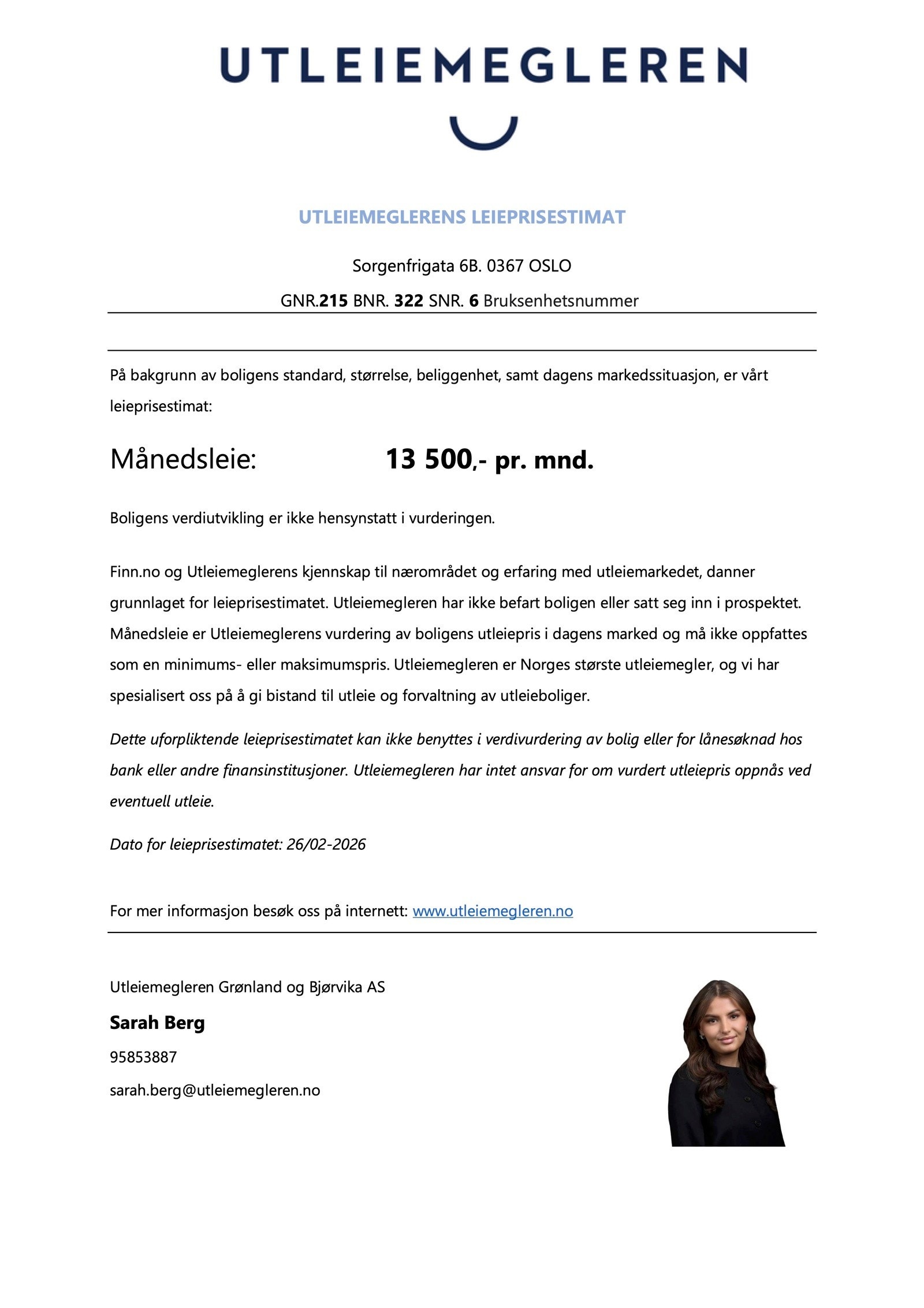 Leieprisestimat fra Utleiemegleren - Sorgenfrigata 6 B - hybeldel Galleribilde