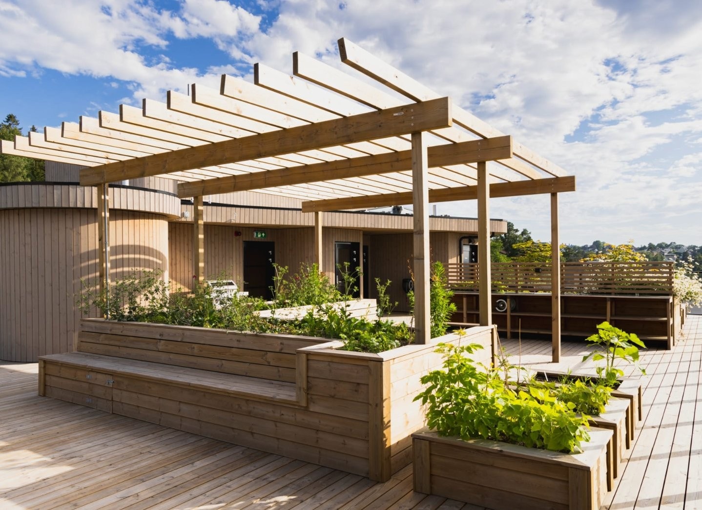 Felles takterrasse med urbant hagekonsept og sosiale møteplasser Galleribilde