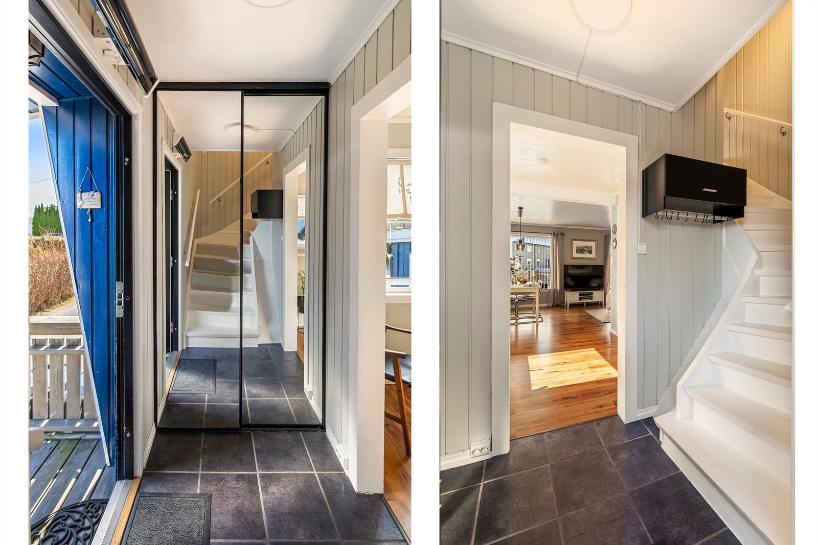 Flislagt entre med skyvedørsgarderobe. Velkommen Galleribilde