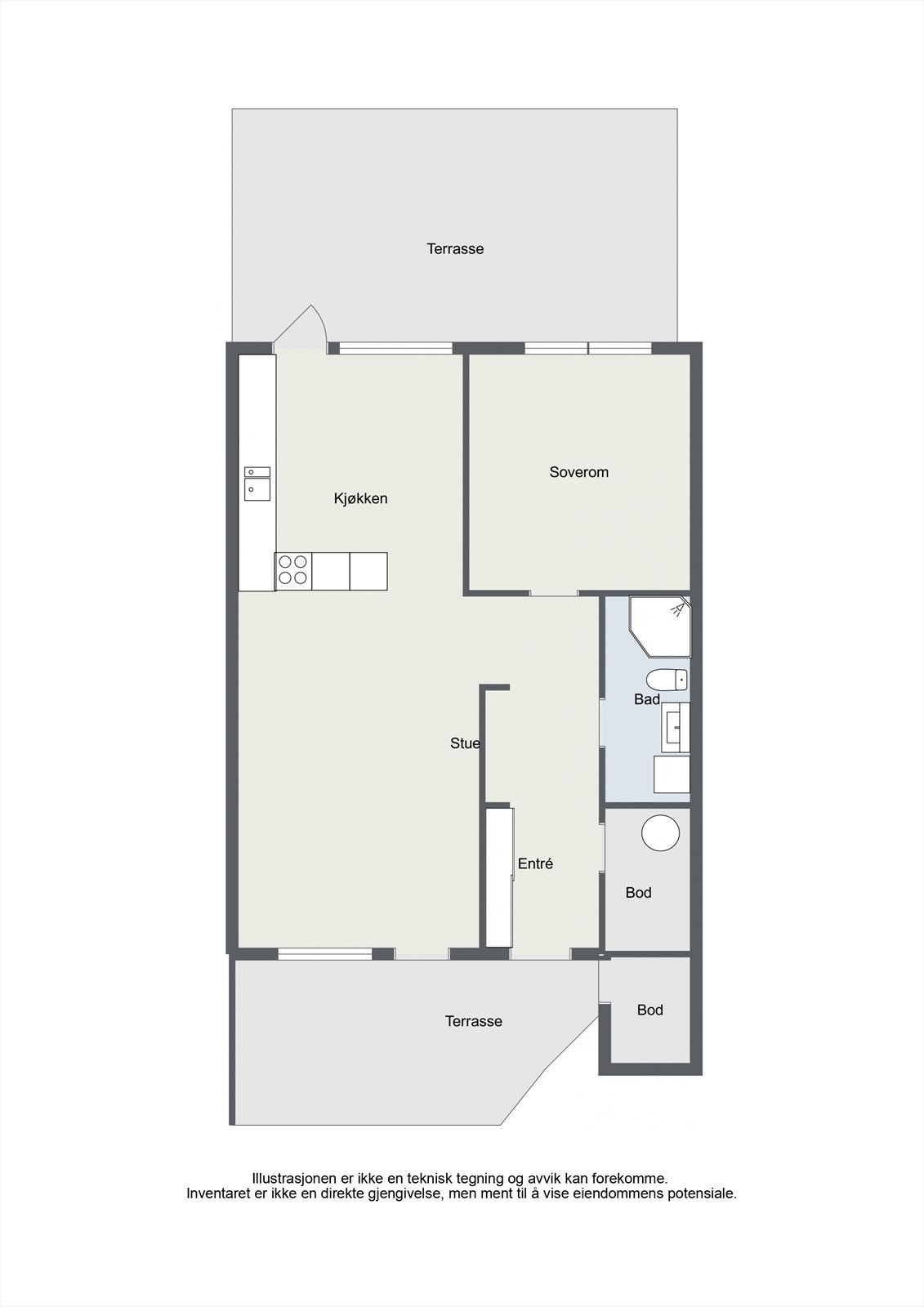 Leiligheten har en praktisk planløsning på 63 m² (BRA-i) med soverom, bad, bod og en åpen sone for stue og kjøkken. Galleribilde
