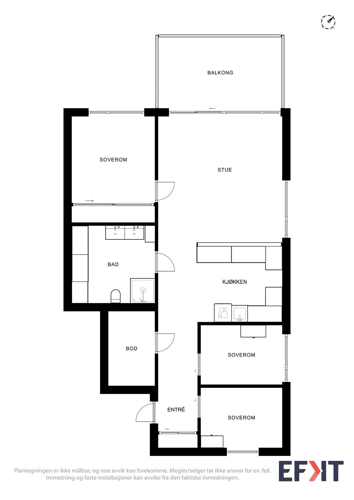 La oss ta en titt på plantegningen før vi beveger oss videre i bildene. Arealet i leiligheten er godt anvendt med 3 soverom, romslig bad, bod og en praktisk skyvedørgarderobe ved entréen. Galleribilde