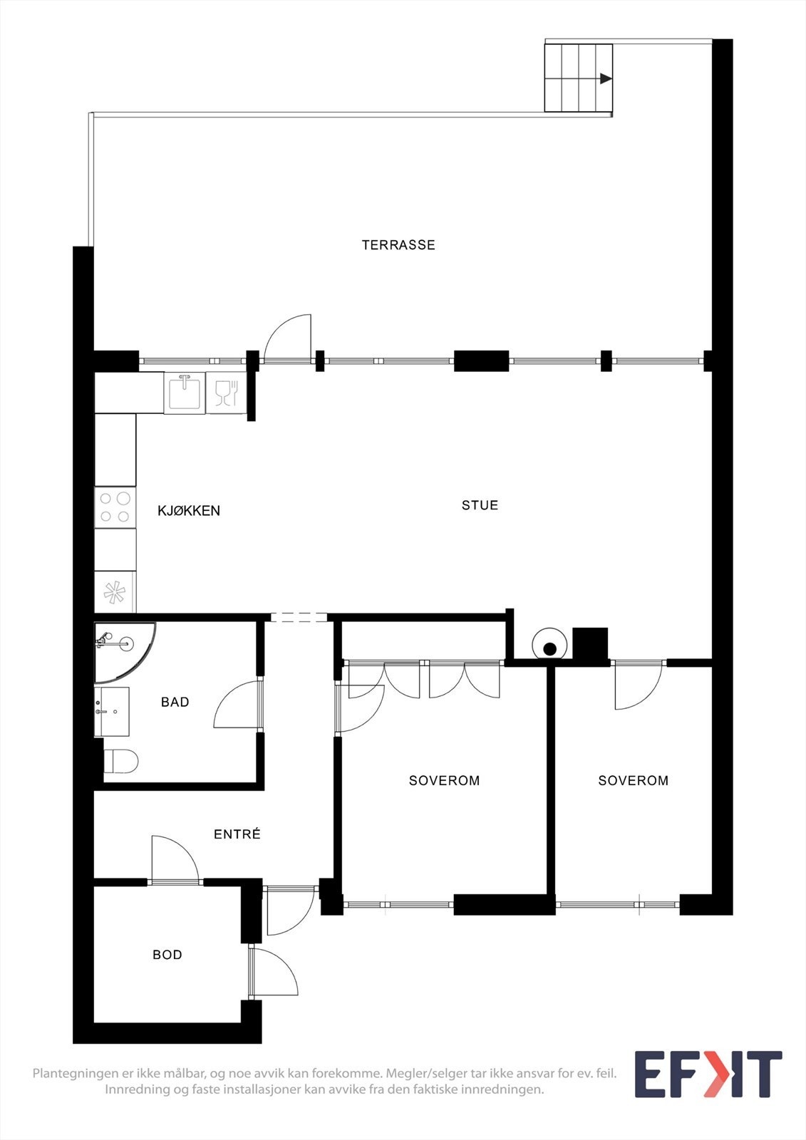 Bustaden har ei praktisk planløysing med alt på eitt plan, inkludert to soverom og open stove- og kjøkenløysing. Galleribilde