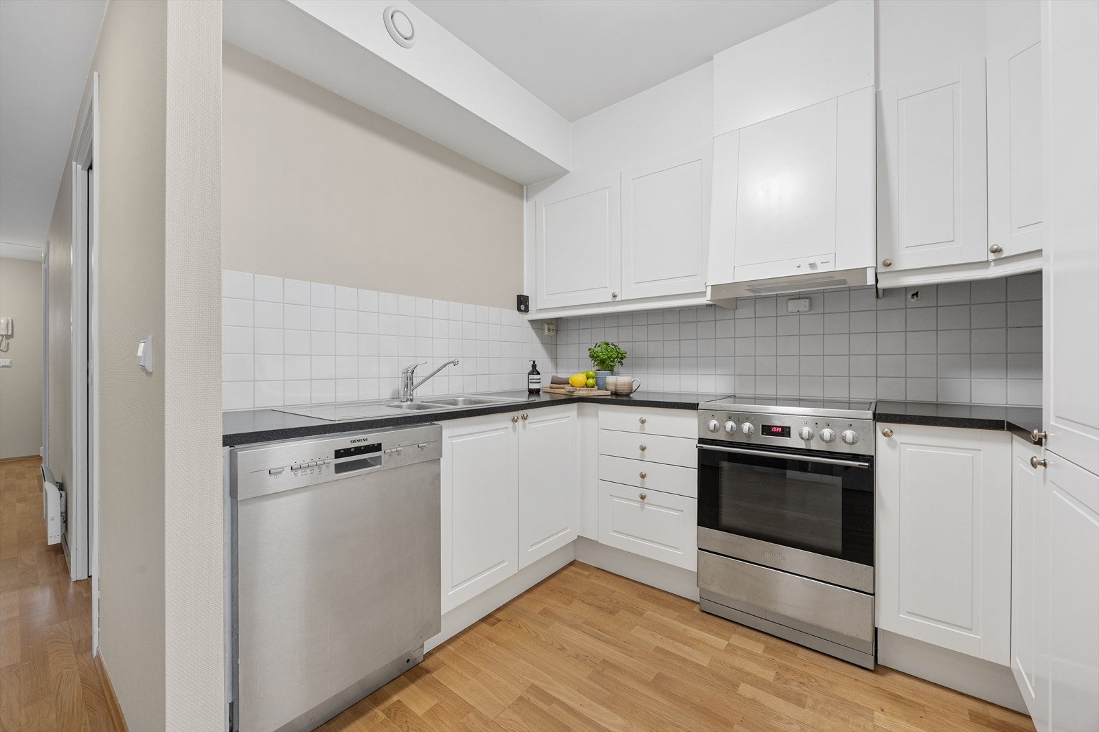 Det er opplegg for oppvaskmaskin, nisje for komfyr og kjøleskap. Galleribilde