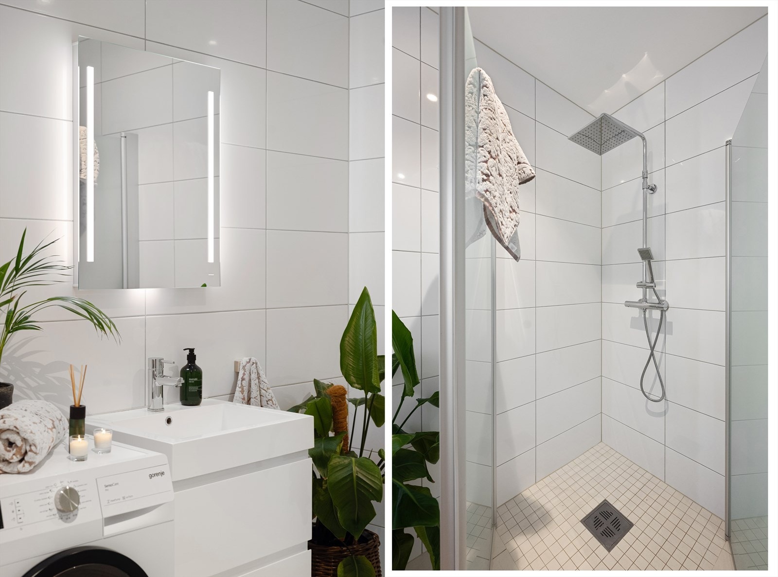 Badet er både praktisk og stilrent med varmekabler i gulv og downlights i himling. Galleribilde