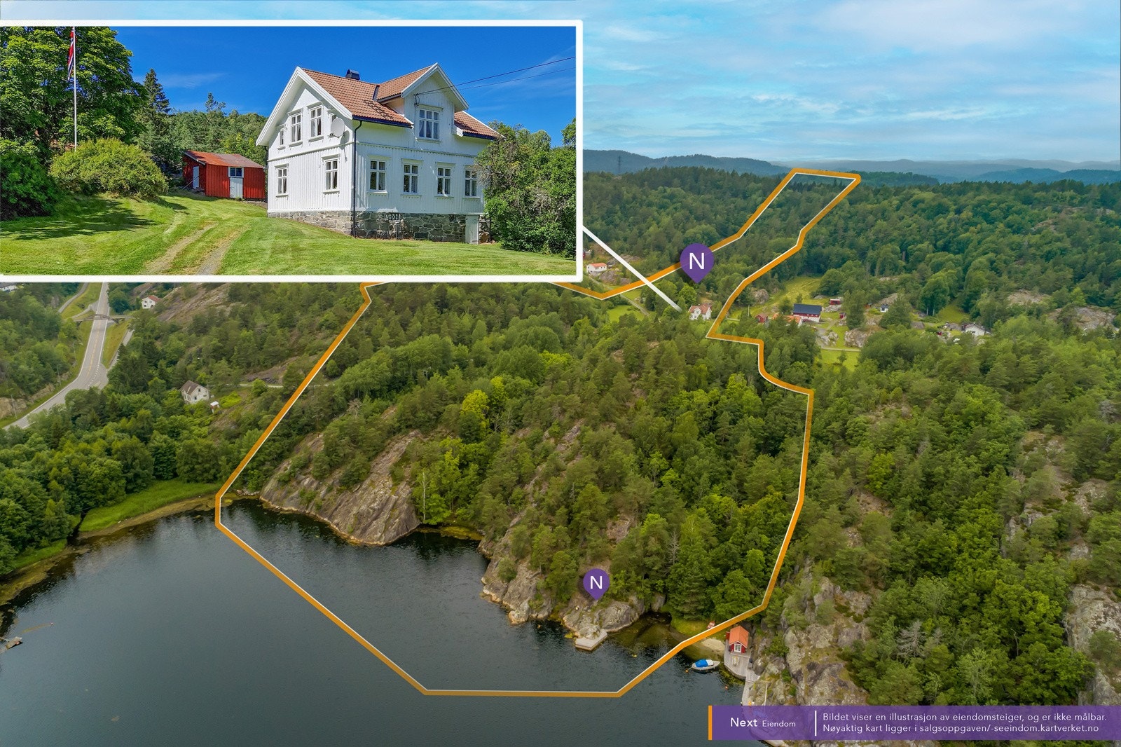 Velkommen til Lindtvedtveien 9, et idyllisk småbruk med våningshus fra 1875 og 58 mål tomt med badestrand og brygge. Galleribilde
